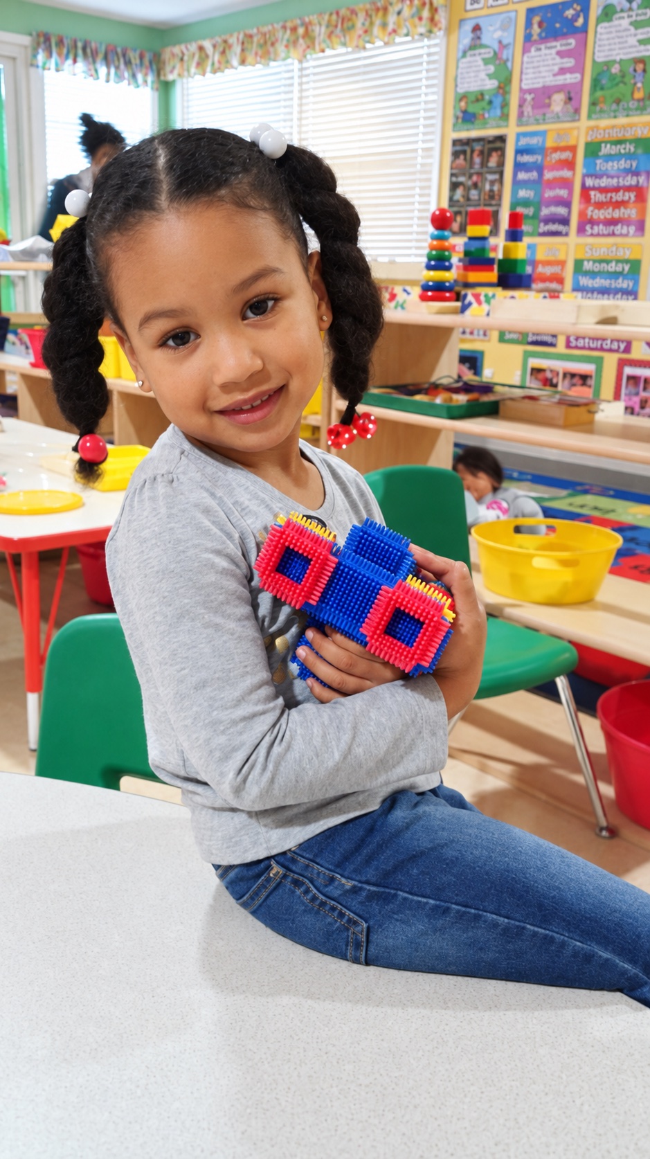 A child proudly sharing a colorful construction made from blocks